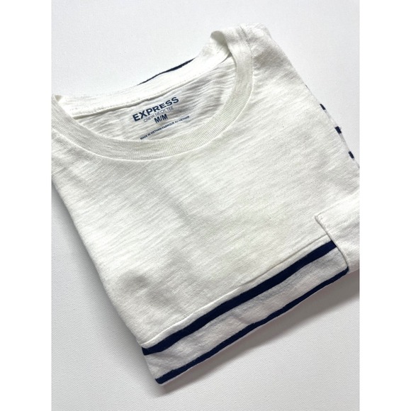 Express Other - Express Mens Medium Long Sleeve Striped Pocket Crew Neck Tee White Navy Blue 320